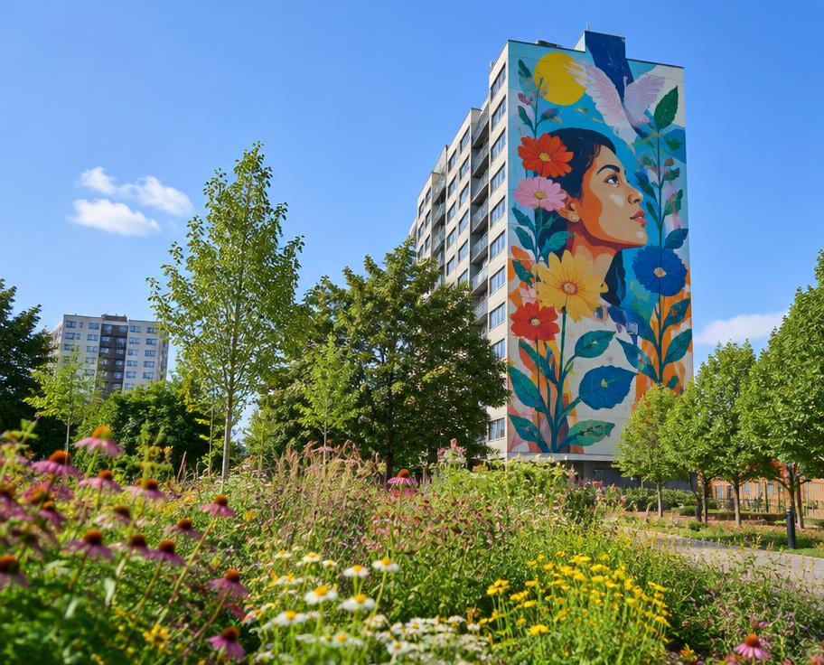 A colourful mural on a tower block above a wildflower meadow