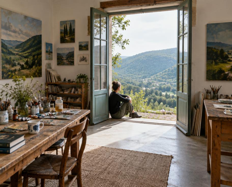 An artist's studio opening onto green wooded hills